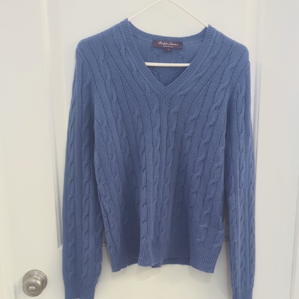 Ralph Lauren Purple Label Blue V-Neck Cashmere Cable  Knit Sweater